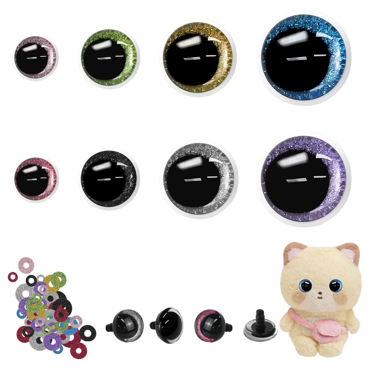Safety Eyes for Crocheting with Washers, 12-25mm Amigurumi Eyes 3D Glitter, 72Pcs Moon Stuffed Crochet Eyes for Animal Doll Crafts, Multicolor